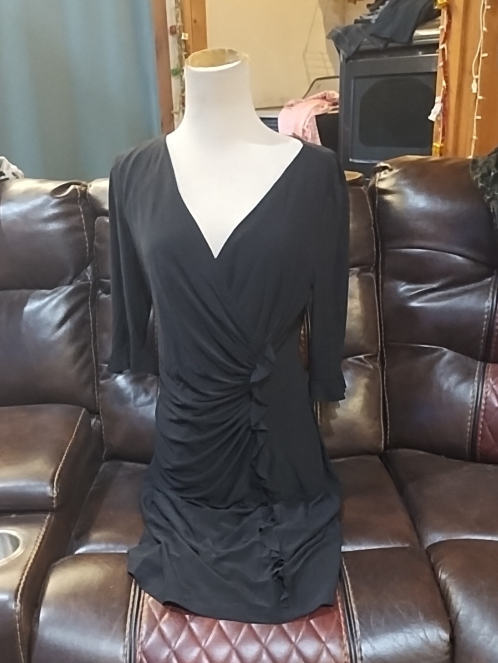 American Living Black Ruched V-Neck 3/4 Sleeve Dress